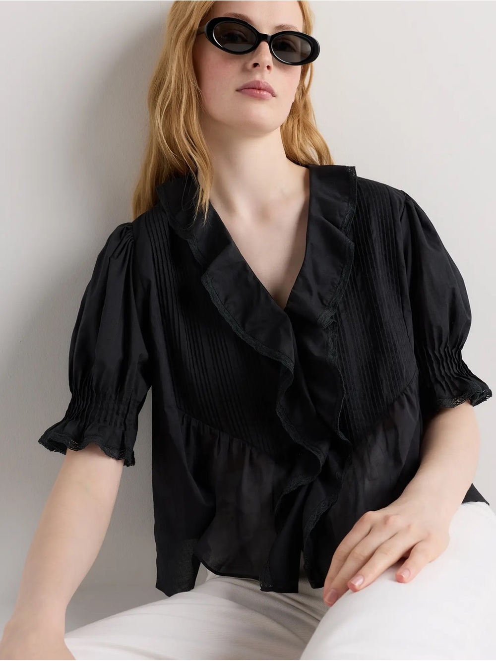 Quince Black Ruffled Short-Sleeve Blouse - Picture 5 of 6